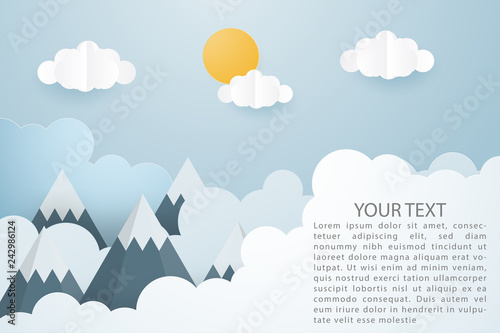 Creative vector illustration of mountain landscape with sun and clouds paper cut style.