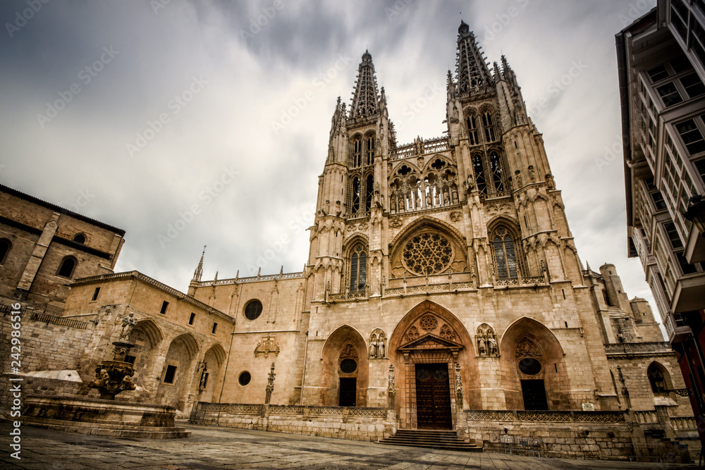 View of the Facade of Saint Mary, of the Gothic Cathedral of Santa Maria, Burgos, Castilla, Spain.