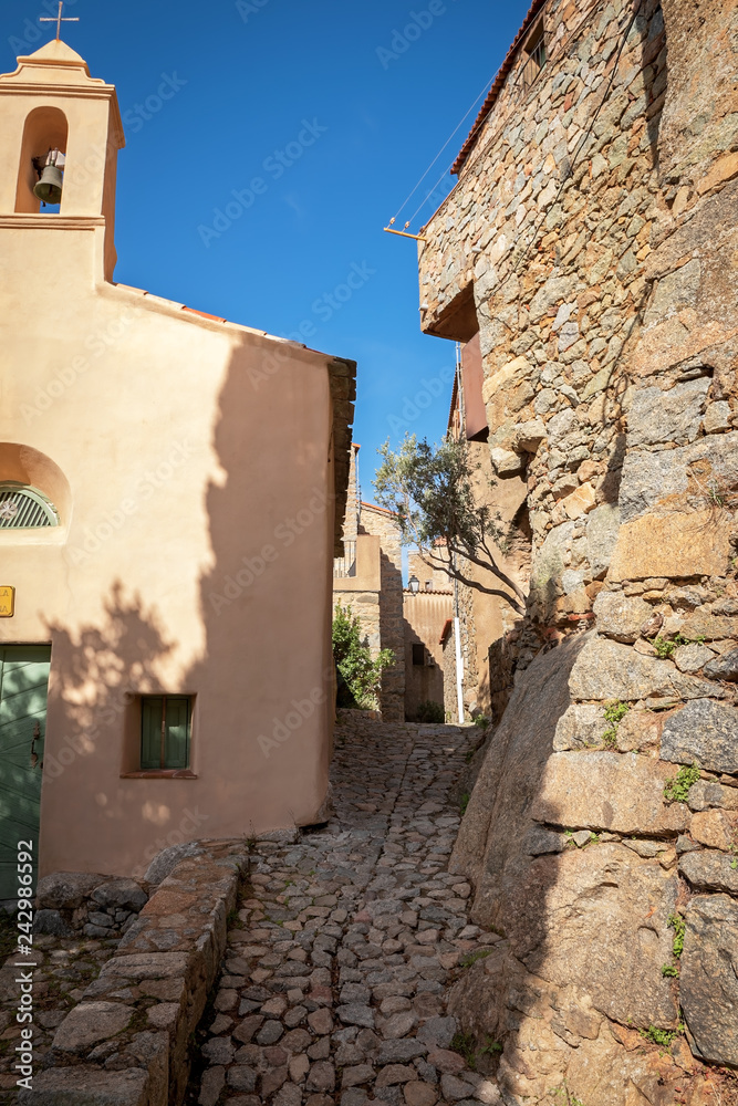 Narrow street of the beautiful Corsican mountain village of San Antonino, France