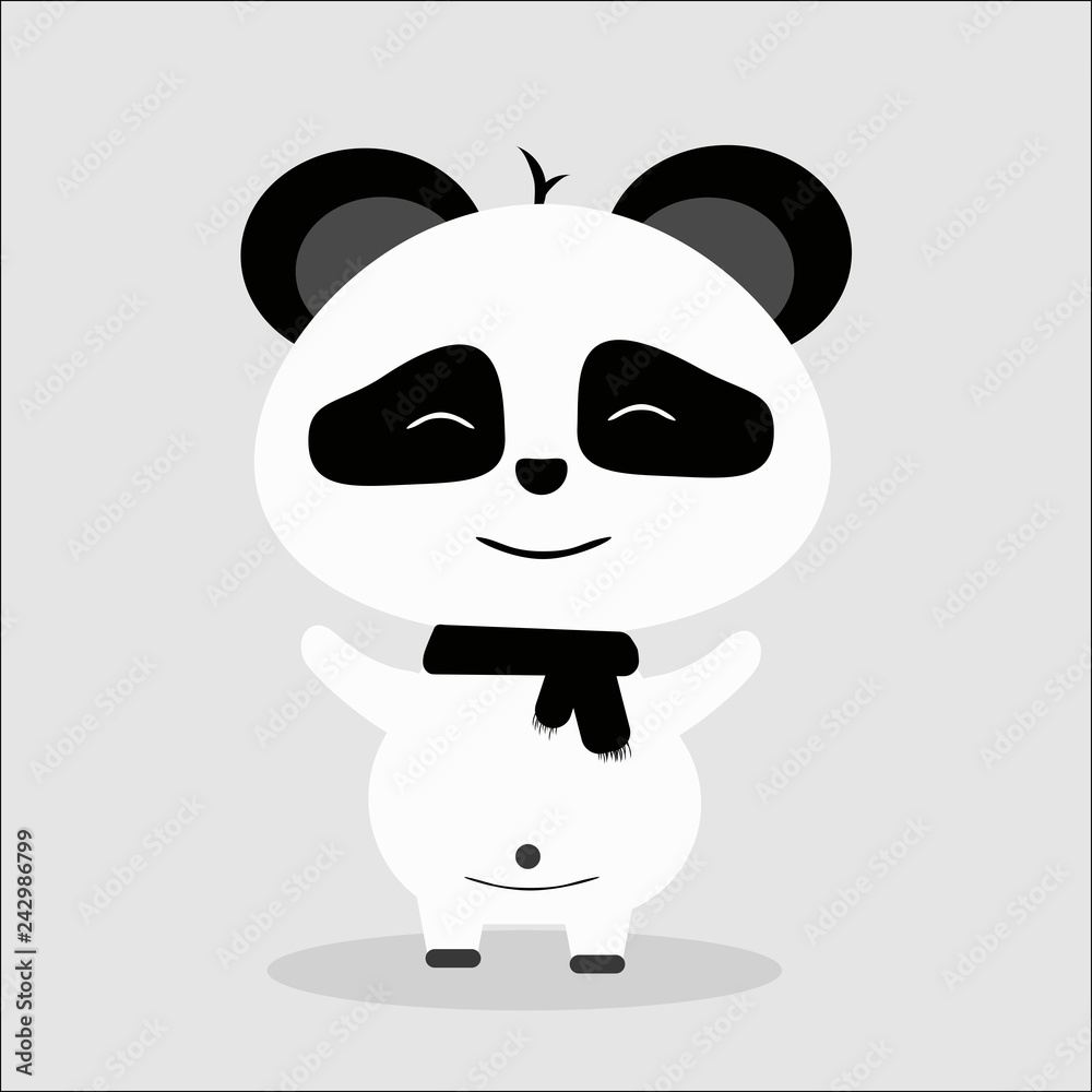 sweet panda on a gray background, panda with a black scarf around his neck, happy bear sweet panda on a gray background, panda with a black scarf around his neck, happy bear