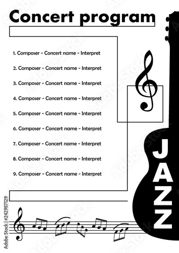 Jazz concert program template with cut out of guitar, treble clef and some notes in stave, musical leaflet, monochrome document template, vector concept