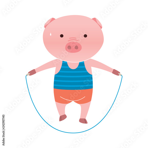Vector pig cartoon character doing exercises with jumping rope isolated on white background. Cartoon emotions