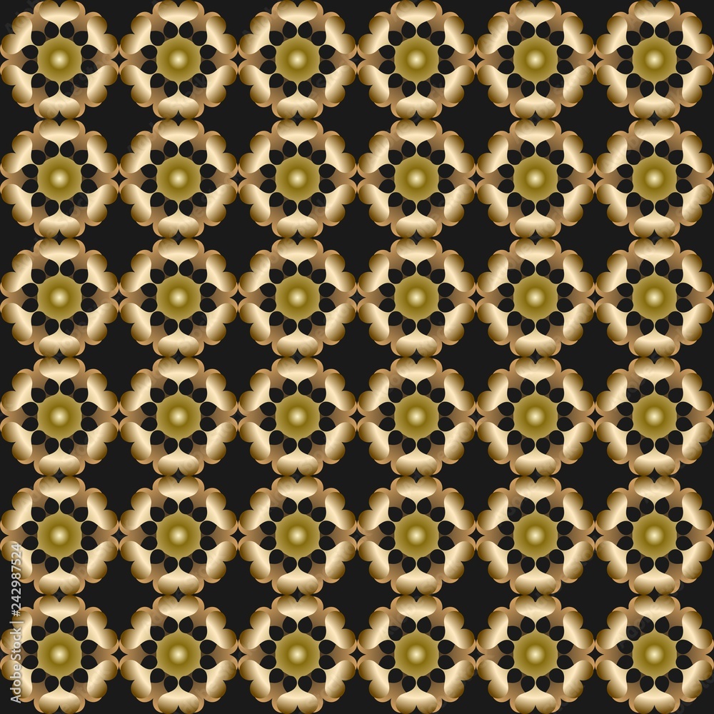 3d gold patterns on black background, seamless tile. Ancient ornament in art deco style, luxurious golden abstract motif, vector design