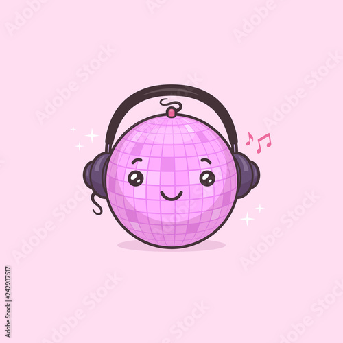 Cute disco ball with headphones kawaii face vector cartoon illustration