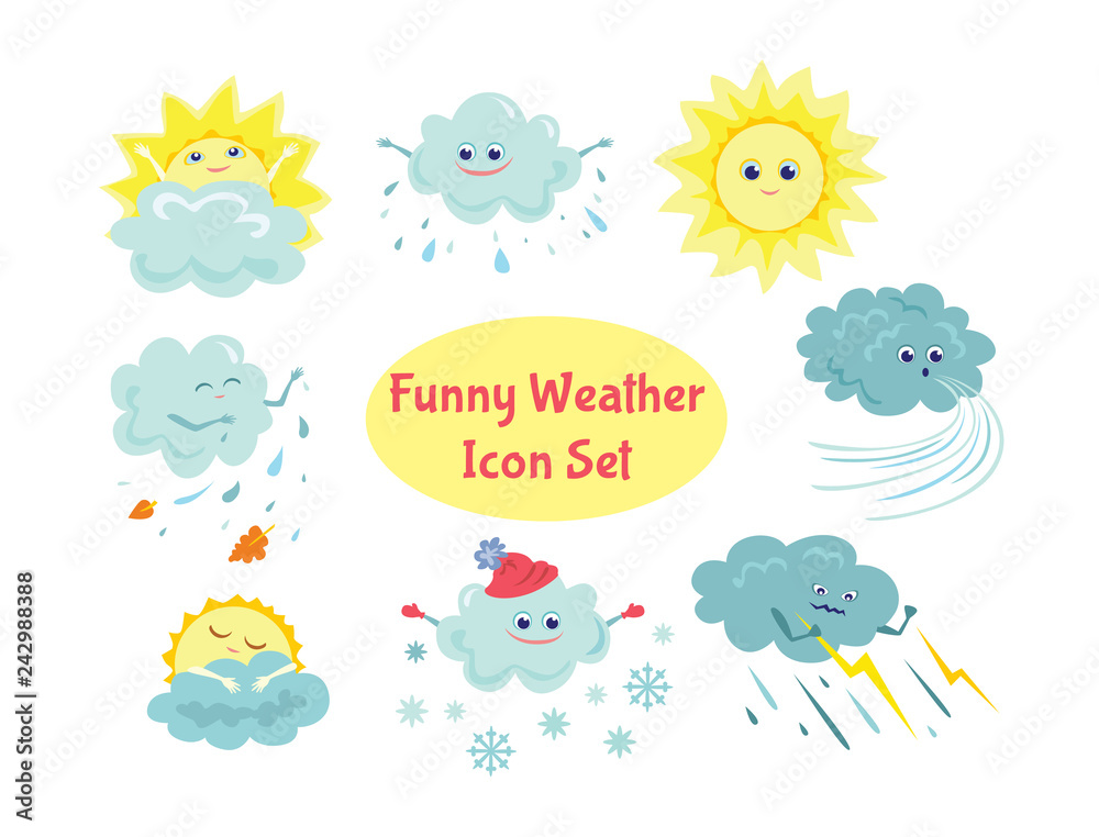 Set of funny vector weather icons in flat style. Sun, rain, storm, snow,  wind. Cartoon and doodle characters. Simple stickers. Stock Vector | Adobe  Stock