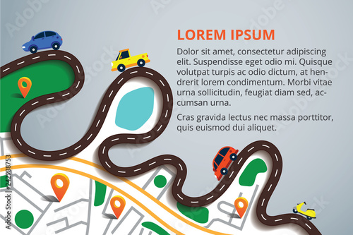 Top view city map with winding roads. Street Map with navigation icons. Navigation concept. Vector illustration can used for web banner and info graphic.