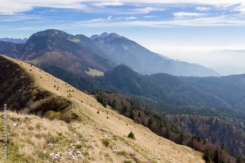 Hiking in Slovenia. View from mountain Golica in Karavanke