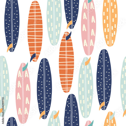 Seamless pattern with surfboards. Fashion summer print. Vector hand drawn illustration.