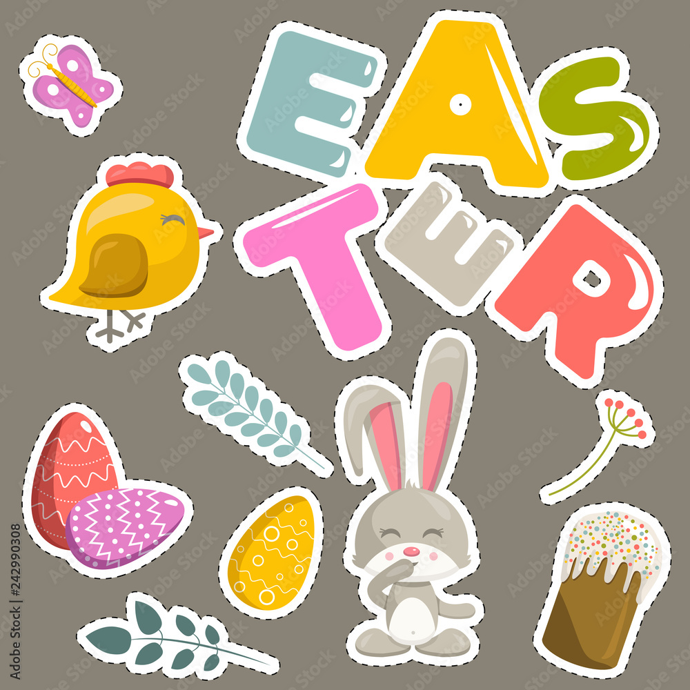 Vector set of elements and stickers on Easter theme. Animals and flora, letters. Vector set of elements and stickers on Easter theme. Animals and flora, letters.