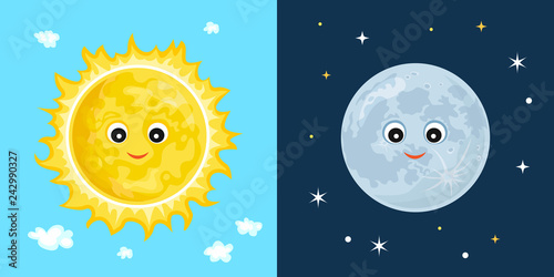Sun and moon. Cute funny characters. Vector illustration of day and night in simple cartoon flat style.