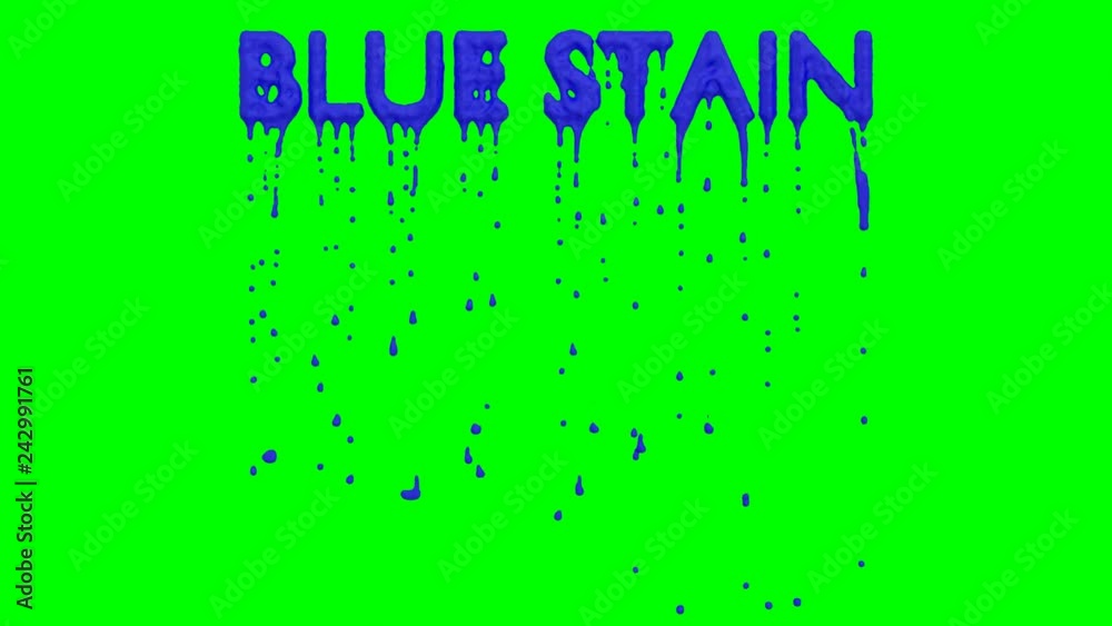 Animated dripping a lot of blue paint or pigment or ink or other thick substance from all caps text Blue Stain. Liquid is dripping from three dimensional letters against green background, Animated dripping a lot of blue paint or pigment or ink or other thick substance from all caps text Blue Stain. Liquid is dripping from three dimensional letters against green background,
