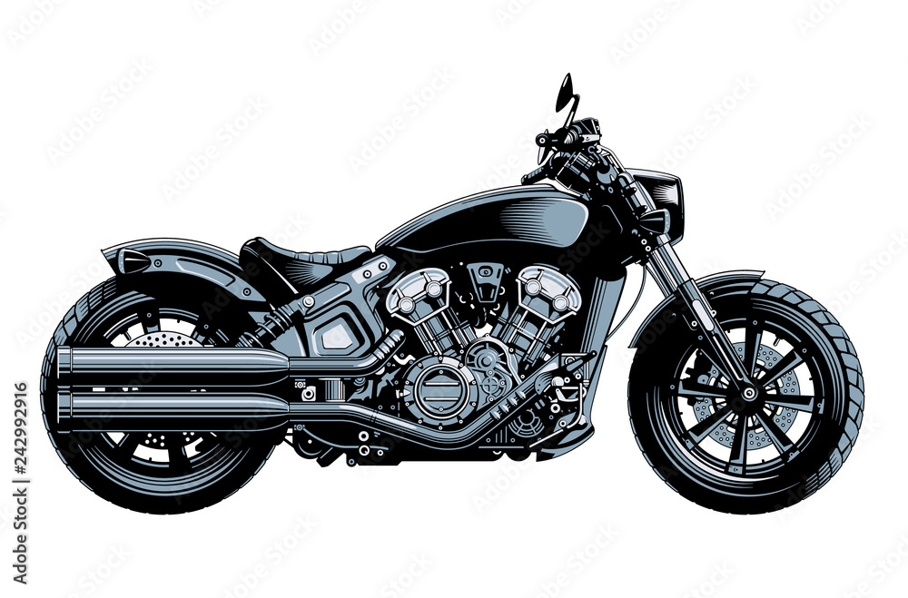 Bobber or chopper motorcycle, side view, isolated on white background. Monochrome high detailed vector illustration.