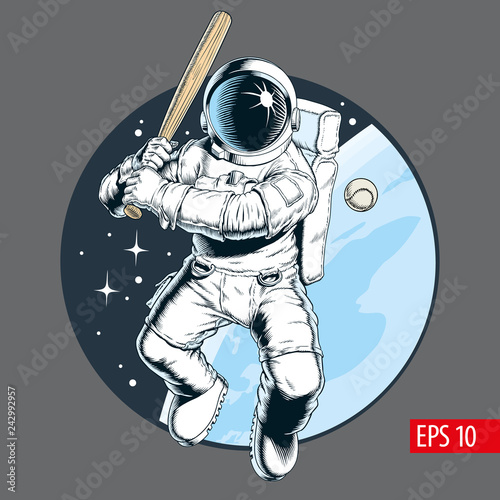 Astronaut with bat playing baseball in space. Vector illustration.