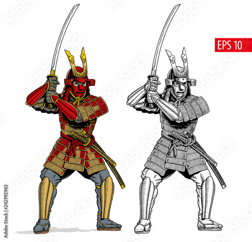 Samurai in ancient armor, japanese warrior with katana sword. Black and white and color version. Vector illustration.