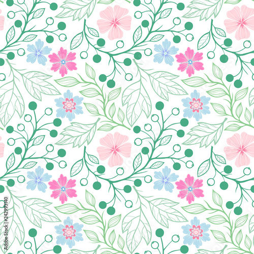 Seamless pattern.Spring pattern with leaves,berries and flowers.Hand drawn stylized elements. Decorative background for greeting cards, prints, flyer, banners and more.Vector illustration.