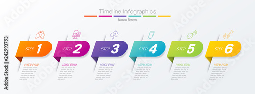 Timeline infographics design vector and business icons with 6 options.