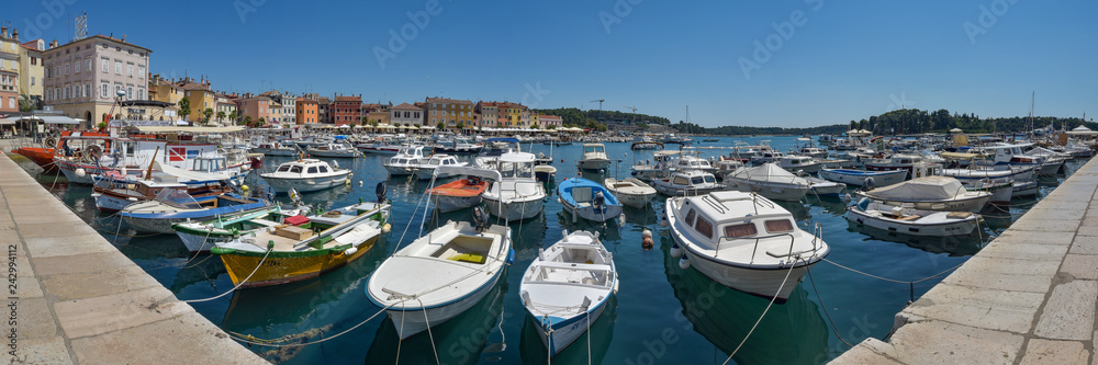 Panorama Altstadt mit Booten in Rovinj / Istrien