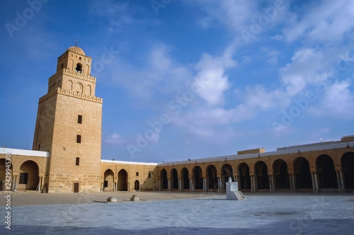 Great Mosque of Kairouan courtyard with minaret in Kairouan city in Tunisia also known as Mosque of Uqba photo