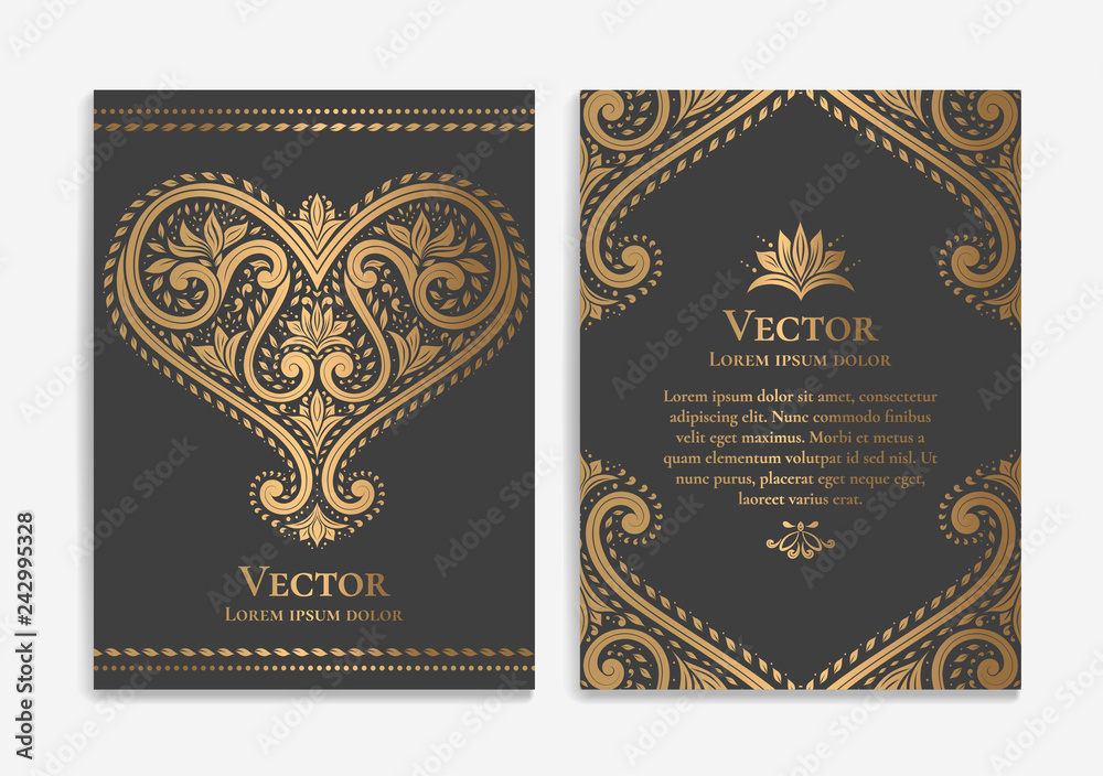 Gold vintage greeting card on a black background. Luxury vector ornament template. Mandala. Great for invitation, flyer, menu, brochure, postcard, wallpaper, decoration, or any desired idea.