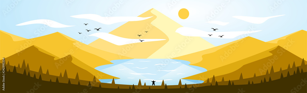 Fototapeta premium Ilustracja krajobrazowa (góra i jezioro) - jesienny dzień