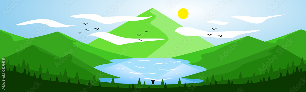 Landscape Illustration (Mountain & Lake) - Summer Daytime