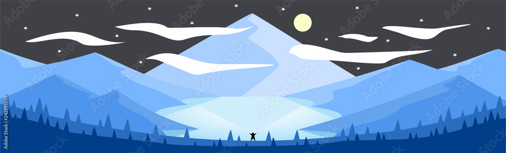 Fototapeta premium Landscape Illustration (Mountain & Lake) - Winter Night Time