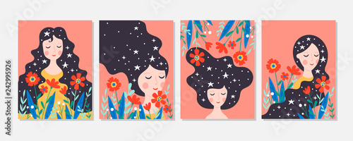 Women's day cute greeting card set with young woman and flowers.