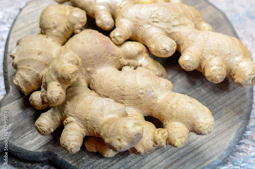 Fresh raw ginger root from China close up