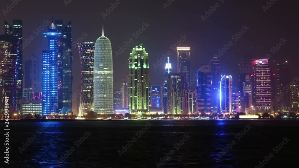 UHD 4K night timelapse of financial centre in Doha city, Qatar UHD 4K night timelapse of financial centre in Doha city, Qatar
