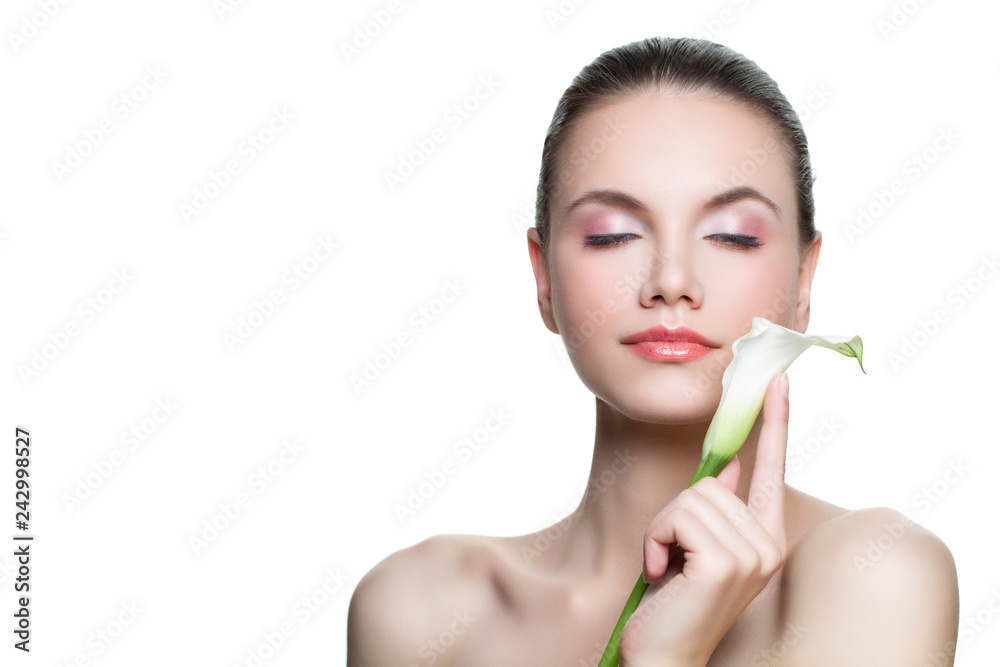 Spa beauty portrait of perfect healthy woman with white flower isolated on white background with copy space Spa beauty portrait of perfect healthy woman with white flower isolated on white background with copy space