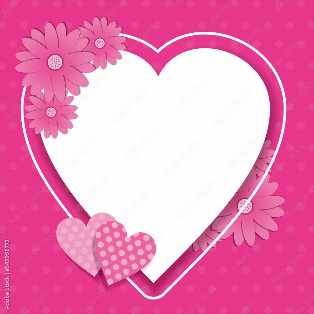 Pink card design with flower and heart decoration. Pink frame design
