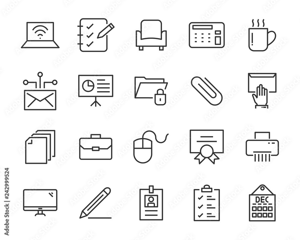set of office icons, such as meeting room, document, coffee, paper, pen, laptop set of office icons, such as meeting room, document, coffee, paper, pen, laptop