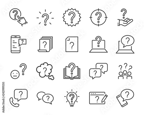 set of question icons, such as, question mark, talk, answer, test, learning