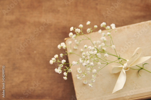 Vintage spring background with white flowers, a yellowed old books on the burlap. closeup. topview