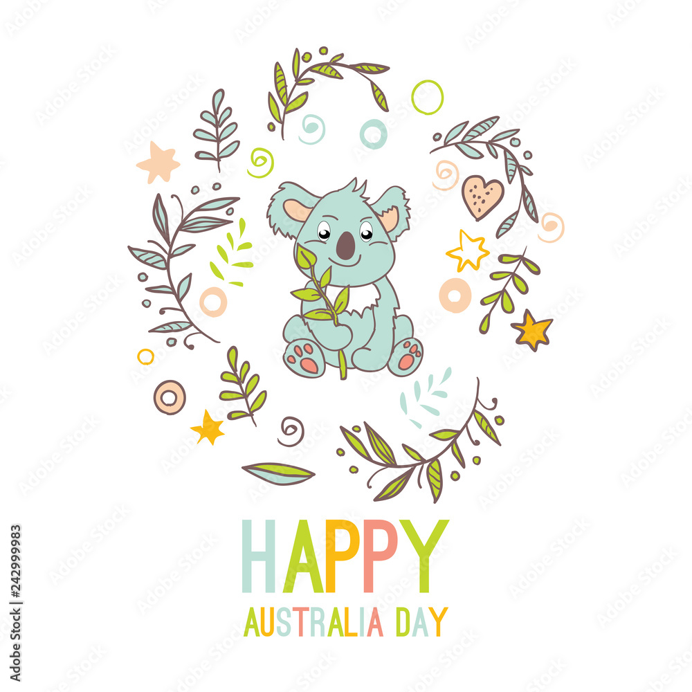 Fototapeta premium Happy Australia Day with a cartoon koala. Celebratory background with flowers and leaves. layout design template for cards, banner, poster, flyer. Tipografiya illustration.