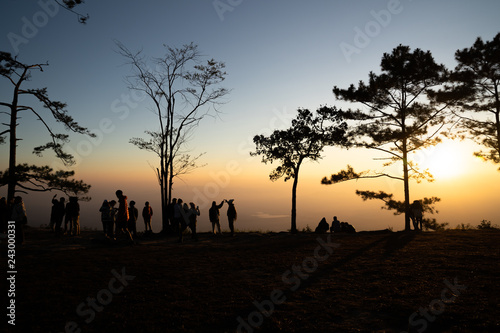 Image of sunrise on orange and yellow horizon with people s silhouette surrounded by pine trees   Phu kradueng Thailand  