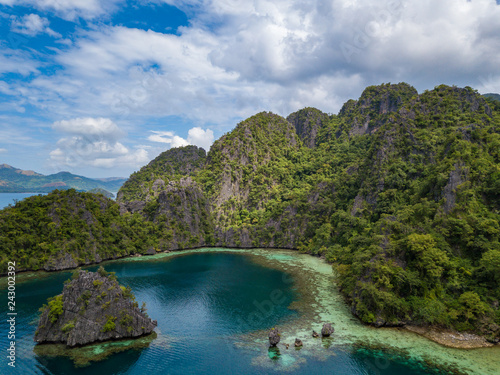 Aerial view to tropical lagoon with azure water near Kayangan Lake, Coron island. Palawan, Philippines.