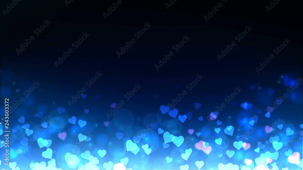 Glowing hearts appear on the shining blue background. Valentines Day holiday abstract loop animation.