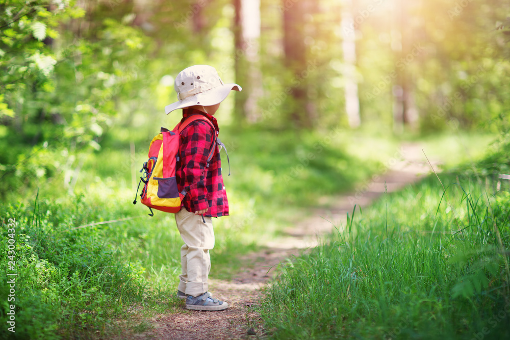 boy going camping with backpack in nature - obrazy, fototapety, plakaty 