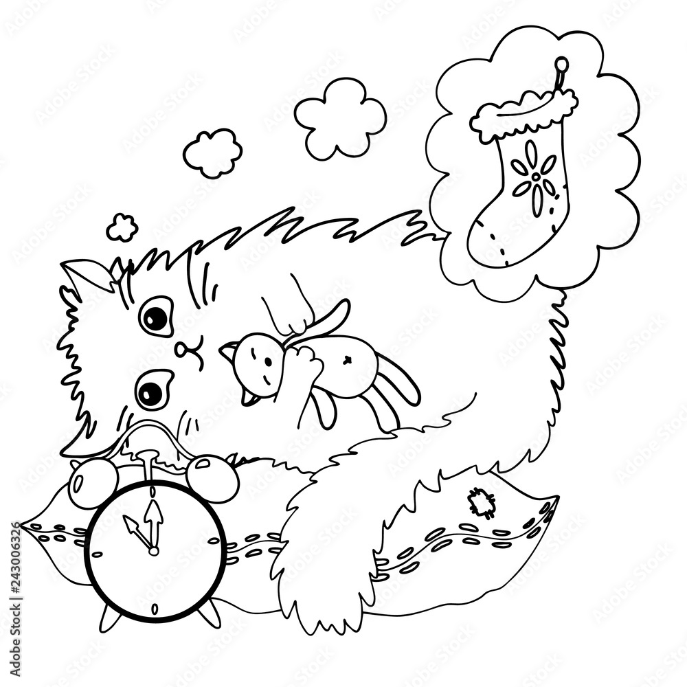 Fototapeta premium Isolated Christmas cat with toy and clock 