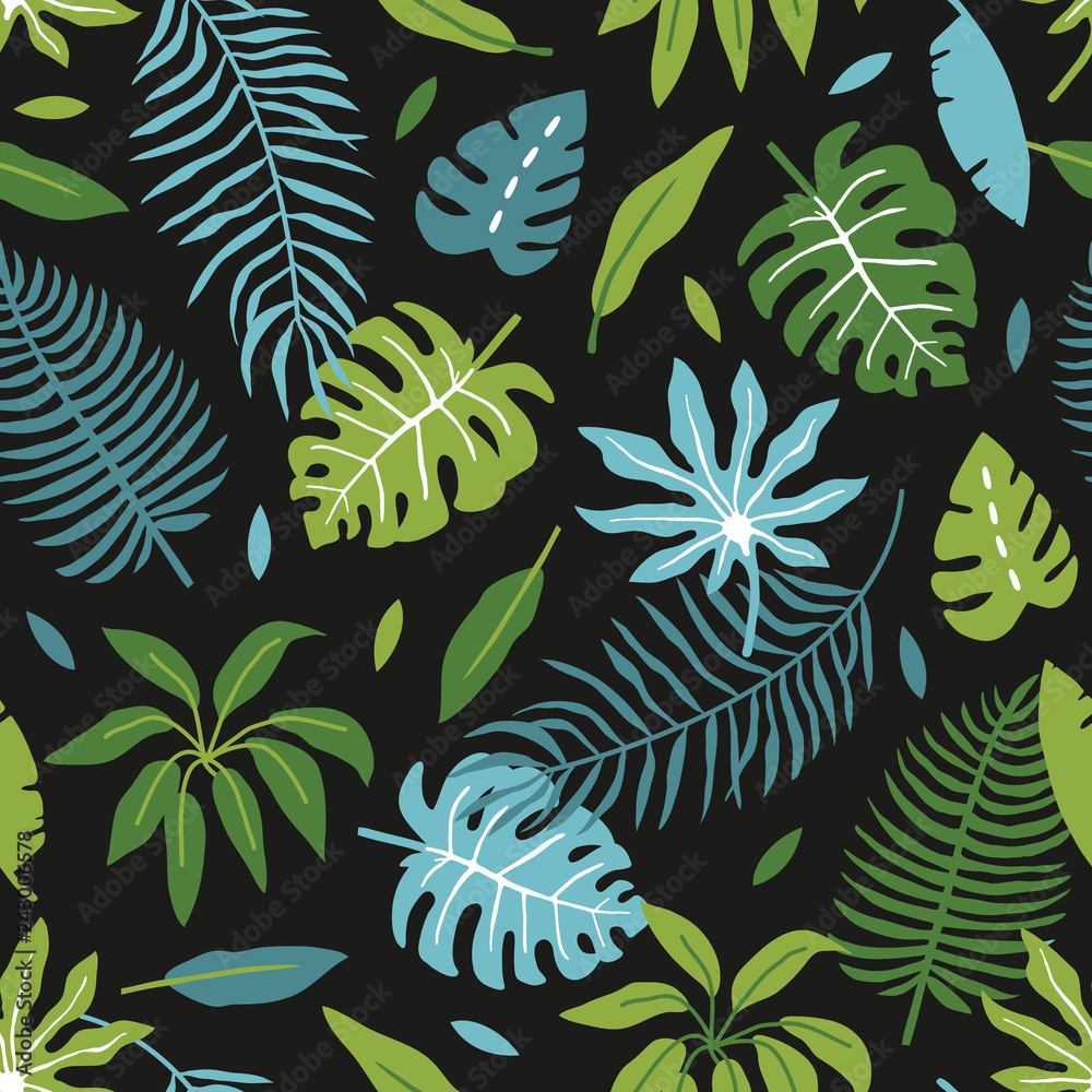 vector seamless background pattern with funny simple tropical leaves and flowers for fabric, textile vector seamless background pattern with funny simple tropical leaves and flowers for fabric, textile