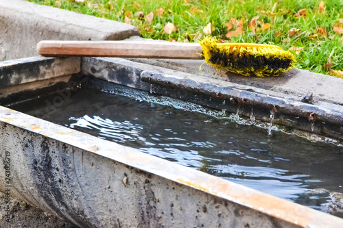 a large brush for boots lies on an iron rusty tub with dirty water near a lawn with dry leaves photo