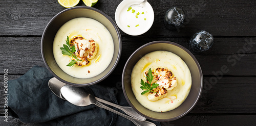 Potato and cauliflower cream soup. Vegetarian healthy food.