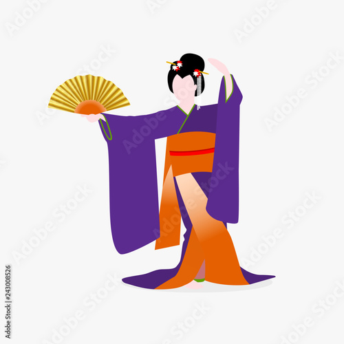 Japanese woman dressed in traditional kimono costume dancing with a fan