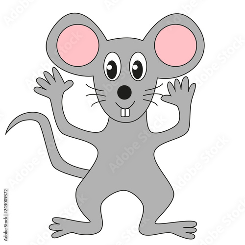 Funny cartoon grey mouse isolated on a white background.