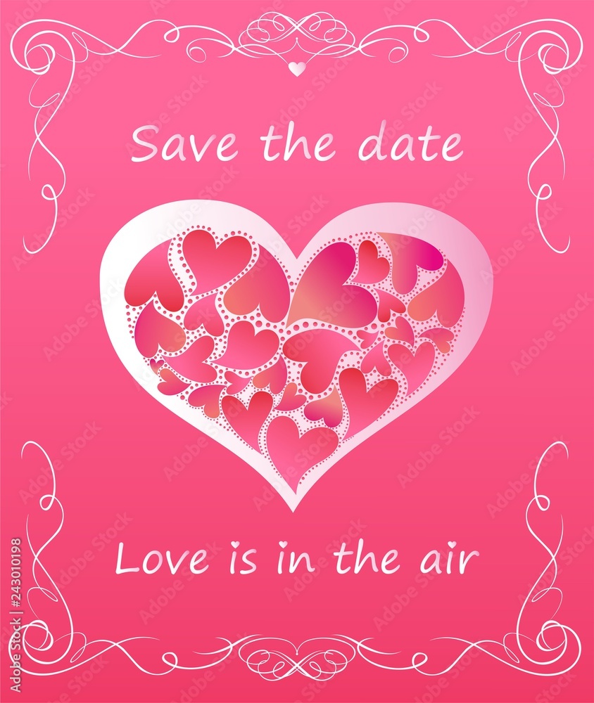 Greeting pink card with heart shape with hearts for wedding invitation