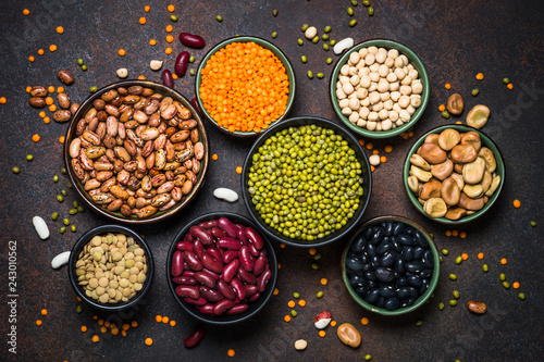 Legumes, lentils, chikpea and beans assortment.