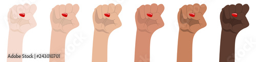 Woman's hands with her fist raised up. Symbol of Unity, Revolution, Protest, Cooperation and Solidarity. Race Equality. Girl Power. Feminism concept. Realistic style vector illustration.