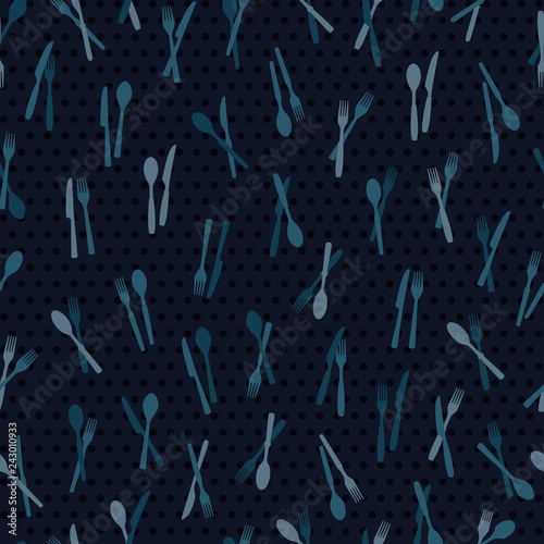 Seamless pattern of a cutlery (fork, knife and spoon). Background with dots. Easy to edit colors in Illustrator.