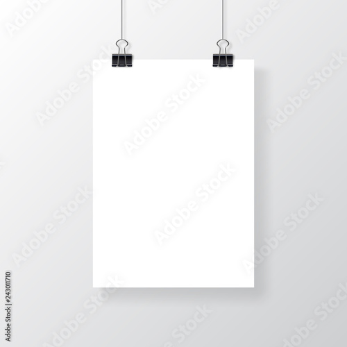 Empty A4 sized vector paper frame mockup hanging with paper clip. Realistic empty white poster template.